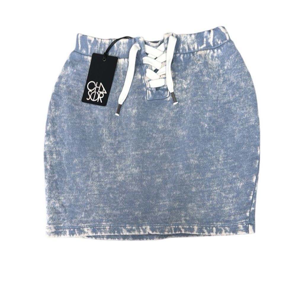 NWT- Chaser Blue Mini Pencil Skirt with Tie Front for Casual Wear